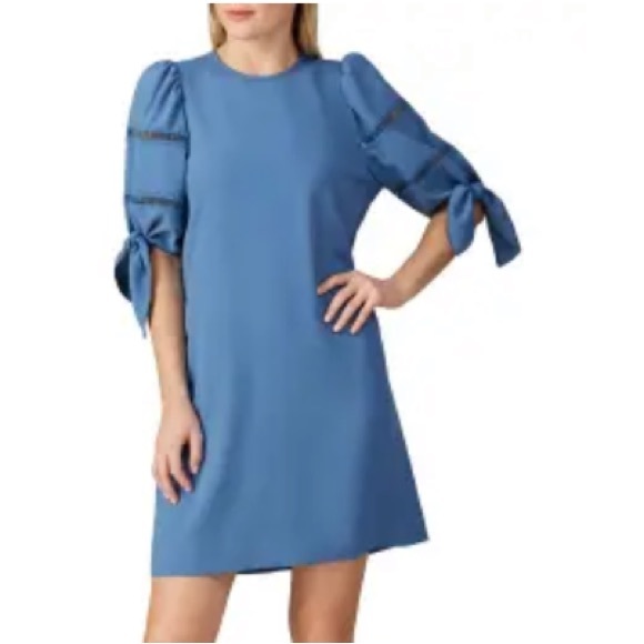 💙SEE BY CHLOE—Size 4 , Dusty Blue Shift Dress, Geometrical Cut / Tie Sleeves 💙 - Picture 8 of 16